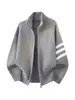 Suéter Cárdigan de Punto de Tres Barras Americano para Hombre Otoño Corte Limpio Sensación de Alta Gama Estilo Perezoso Chaqueta Abrigo con Cremallera
