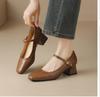 Saltos Altos Franceses para Mulheres 2025 Novo Salto Grosso Retrô Outono e Inverno Uma Tira Mary Jane Sapatos Femininos Sapatos Pequenos de Couro