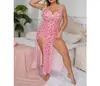 Vestido de tirantes sexy rosa con estampado de encaje y abertura, talla grande, para mujer, ropa de mujer, artículo popular de comercio exterior de Amazon transfronterizo europeo y americano