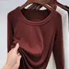 Nuevo Top Básico de Manga Larga con Cuello en U Grande de Color Sólido para Otoño e Invierno para Mujer, Elegante, Moderno, Elástico, Ajustado, Top Camiseta de Cuello Bajo