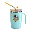 Taza de café de acero inoxidable para oficina de mascota linda de dibujos animados con tapa con taza con pajita con asa taza termo anti-quemaduras