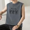 Colete de algodão puro masculino Verão solto na moda impresso Cós esportivo Ombro Branco Camiseta em torno do pescoço Sem mangas Camiseta