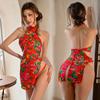 Lencería Sexy para Mujer, Cheongsam Floral del Noreste Hueco con Cuello Halter y Cordones, Atractivo Conjunto de Falda Corta con Abertura Alta, Nuevo 5256