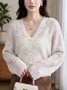 Cárdigan de punto calado con cuello en V y ribete de encaje francés, nueva colección de otoño, suéter de lana con hilo dorado para mujer, prenda exterior, blusa para mujer