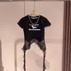 Traje de Verano para Niñas 2025 Nuevo Diseño Mediano y Grande Infantil Encaje Empalmado Manga Corta Verano Cordón Shorts de Mezclilla