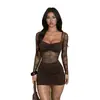 XY26286 Estilo nuevo transfronterizo europeo y americano, minifalda bodycon de deseo puro, vestido sexy de chica caliente con encaje empalmado y manga larga para mujer