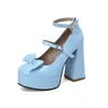 Hebilla de cinturón nueva zapatos de charol de una sola capa dulce lazo boca poco profunda Mary Jane zapatos de mujer plataforma de agua tacón alto grueso zapatos de escenario