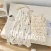 Pijama para Mujer Verano Algodón Puro Gasa Tirantes Camisón 100% Algodón Lindo Falda de Longitud Media Ropa de Casa Estilo Coreano Camisón para Mujer