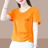 2026 Nueva Camiseta de Manga Corta con Cuello en V Estilo Comercio Exterior para Mujer, Holgada Talla Grande, Adelgazante, Cubre Vientre Top de Media Manga