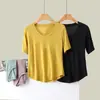 Camiseta de Manga Corta de Modal para Mujer Verano Ajustada Delgada Seda de Hielo Cuello Redondo Base Camiseta de Media Manga