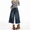 Pantalones Capri de Mezclilla Sueltos de Pierna Ancha Azul Profundo Vintage para Mujer, Pantalones Cropped Rectos de Cintura Alta de Nuevo Estilo Americano de Moda para Forma de Pera