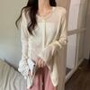 Cardigan de punto blanco holgado de manga larga para el sol, top tipo blusa fina de verano para mujer, nuevo diseño con cordón y abertura lateral