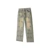 Jeans Rectos Lavados con Tinta Salpicada Otoño 2025 Marca Trendy Unisex Pantalones Largos Fluidos Estilo High Street Americano Pantalones de Moda