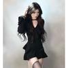 Vestido negro con volantes, mangas largas y escote en V, elegante vestido negro pequeño con cintura ajustada para mujer, otoño e invierno, corte A.