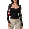 Estilo Doce e Picante para Meninas, T-shirt Transparente para Mulheres, Manga Longa, Patchwork de Renda, Gola Quadrada Vazada, Top Curto, Novo Estilo Outono 2026 Europeu e Americano