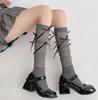 Calcetines con lazo de primavera y verano estilo miu de estilo coreano, calcetines de algodón de pantorrilla jk grises verticales de estilo japonés, calcetines apilados de tubo medio de moda para mujer