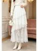 Nanyou 2026 Nueva Falda Blanca Irregular para Pastel para Mujer, Encaje de Pestañas Resistente de Cintura Alta con Dobladillo Amplio Larga