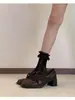 Zapatos Mary Jane Cuadrados de Cuero Suave Estilo Retro Francés de Nuevo Estilo Primavera para Mujer con Correas Cruzadas y Lazos, Tacón Grueso Suave