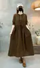 Nuevo Vestido Vintage de Algodón y Lino con Estampado Floral para Mujer, Temporada Primavera y Otoño, Corte Holgado con Cuello Alto de Encaje y Cintura con Cordón