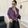 Tricô Feminino de Outono Cruzado com Lapela em Jeans Falso Duas Peças Macio Grudado Solto Modelador de Corpo Temperamento Versátil Suéter
