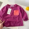 Camiseta de Algodón Puro Estilo Coreano Bordado con Aplicación para Niños Manga Larga Ropa de Otoño Moda para Niños Cuello Redondo Prenda Base