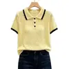 Verano Nuevo Estilo Bloque de Color Cuello Polo Tejido de Seda de Hielo Manga Corta Moda Femenina Hueco Estilo Suave Rejuvenecedor Camiseta Top