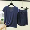 Pijama leve de verão para mulheres, corte solto, tamanho grande, pode ser usado fora de casa, conjunto fresco de shorts de manga curta em modal para casa