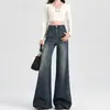 Calça Jeans Flare Azul Vintage de Cintura Alta para Mulheres, Tendência Versátil Nova Estilo Primavera 2026, Calça Longa Flare Fluida Não Apertada