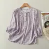 Camisa de Seda Lino Estampado de Lunares Nuevo Verano 2026 para Mujer Casual Cuello Alto Manga Tres Cuartos Top Elegante