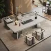 Mesa de centro de losa de roca blanca pura, minimalista y lujosa, adecuada para áreas de recepción, espacios comerciales e interiores de estilo chino moderno.; una mesa grande de losa de roca integrada