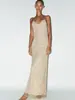 Vestido Longo 2026 Amazon Cross-Border Estilo Socialite Francês Decote em V Profundo Costas Abertas Alças Finas Totalmente Bordado com Strass