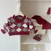 Conjunto Suéter Saia Xadrez Vermelho Gola V Malha Macio Aveludado Espessado Duas Peças Novo para Meninas Outono Inverno 2025