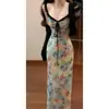 Vestido de tirantes con encaje de lazo estilo francés para mujer, Vestido floral para vacaciones de verano en la playa, Vestido largo sin mangas ajustado al cuerpo