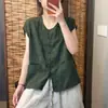 Top de camisa sem mangas estilo colete de algodão e linho multicolorido, novo cardigã versátil de verão com caimento solto e design de bolso para mulheres