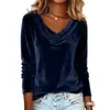 Site Independente Amazon Transfronteiriço Europeu e Americano Moda Feminina 2025 Nova T-shirt Sexy de Veludo de Cor Sólida com Gola Drapeada e Manga Longa