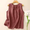 Chaleco sin mangas de color liso de estilo artístico para mujer, top fino de algodón y lino de verano, holgado, adelgazante, blusa de algodón y lino