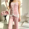 2026 Novas Calças de Renda com Suspensório para Casa Pijama Doce de Menina Conjunto Feminino de Duas Peças Roupa de Casa 7094