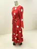 Vestido de estilo vintage para mujer de comercio exterior europeo y americano transfronterizo de otoño con estampado de lunares rojos, fruncido en la cintura con lazo, bajo con volantes