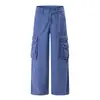 Calça Cargo Laranja#Azul de Trabalho Francês Relaxada de Perna Larga Unissex Solta Emagrecedora Personalidade Versátil Reta Longa