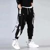 Macacão masculino da moda primavera e verão, calça com cordão e costura, estilo hip-hop solto, calça casual fina