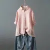 Camisa top de algodón y lino de manga corta para mujer talla grande, diseño de color liso, cuello tipo polo con encaje, cárdigan ligero y cómodo para mujer