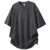 Camiseta Henley Casual de Algodão Pesado Lavado Estilo Retrô Americano 2026 Manga Curta Unissex Gola Henley Cinza Tendência