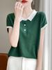 Camiseta Feminina de Manga Curta com Gola Polo em Bloco de Cores, Tricot de Seda Gelo, Estilo Ocidental, Rejuvenescedora, Camiseta com Cores Contrastantes, Blusa Solta, Estilo Fino de Verão, Verão