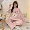 Pijama de franela para mujer, forro polar de coral para otoño e invierno, diseño lindo de dibujos animados, manga larga, conjunto cálido de ropa de estar para estudiantes, conjunto de dos piezas