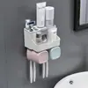 Portacepillos de Dientes para Tres o Cuatro Personas, Montado en la Pared, Sin Taladro, Estilo Nórdico, con Dispensador de Pasta de Dientes y Juego de Vasos para Enjuague Bucal