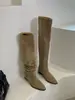Botas Over-The-Knee de Camurça com Salto Bloco, Botas Longas Empilhadas, Sapatos Femininos, Botas Longas Slim Cáqui Outono e Inverno 2025, Botas de Equitação