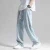 Calça jeans masculina Vanxke, novo estilo primavera e outono, corte reto solto, cintura elástica com cordão, calça longa casual versátil