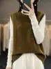 Chaleco de punto sin mangas de lana completa informal suelto con flores pequeñas huecas de color sólido simple de cuello redondo retro para mujer