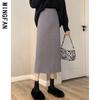 Nueva Falda de Punto Elegante de Longitud Media con Abertura para Mujer, Temporada Primavera y Otoño, Cintura Alta y Cadera Tejida, Falda de Corte A Adelgazante