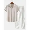 Estación Independiente de Comercio Exterior AliExpress Europeo y Americano Conjunto de Playa Casual Holgado para Hombre Camisa Elástica en Cuatro Direcciones Conjunto de Manga Corta Disponible para DZ